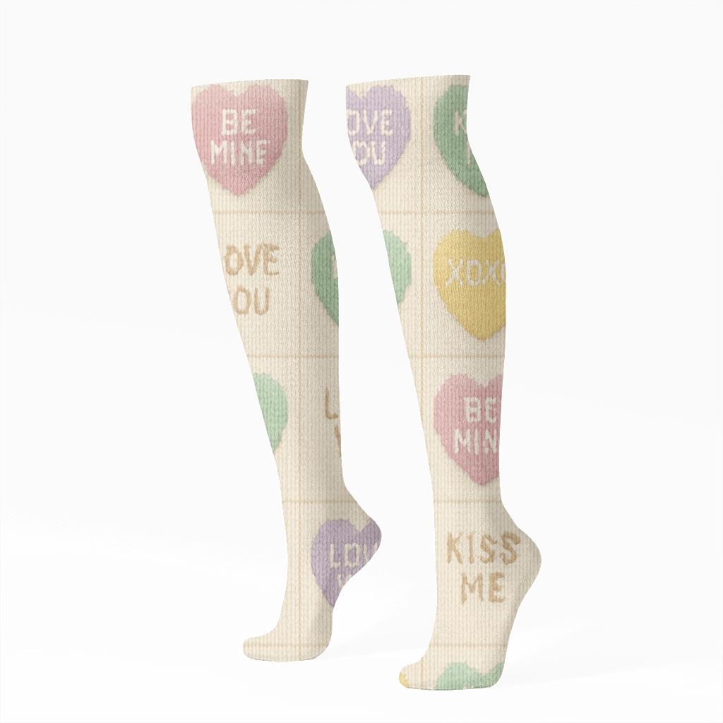Knit Illusion Checkerboard With Valentines Candy Heart Tiles stylish athletic knee-high socks