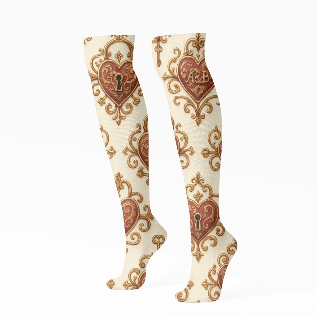 Damask Valentine Heartshaped Lock And Key Medallions designer print knee-high socks