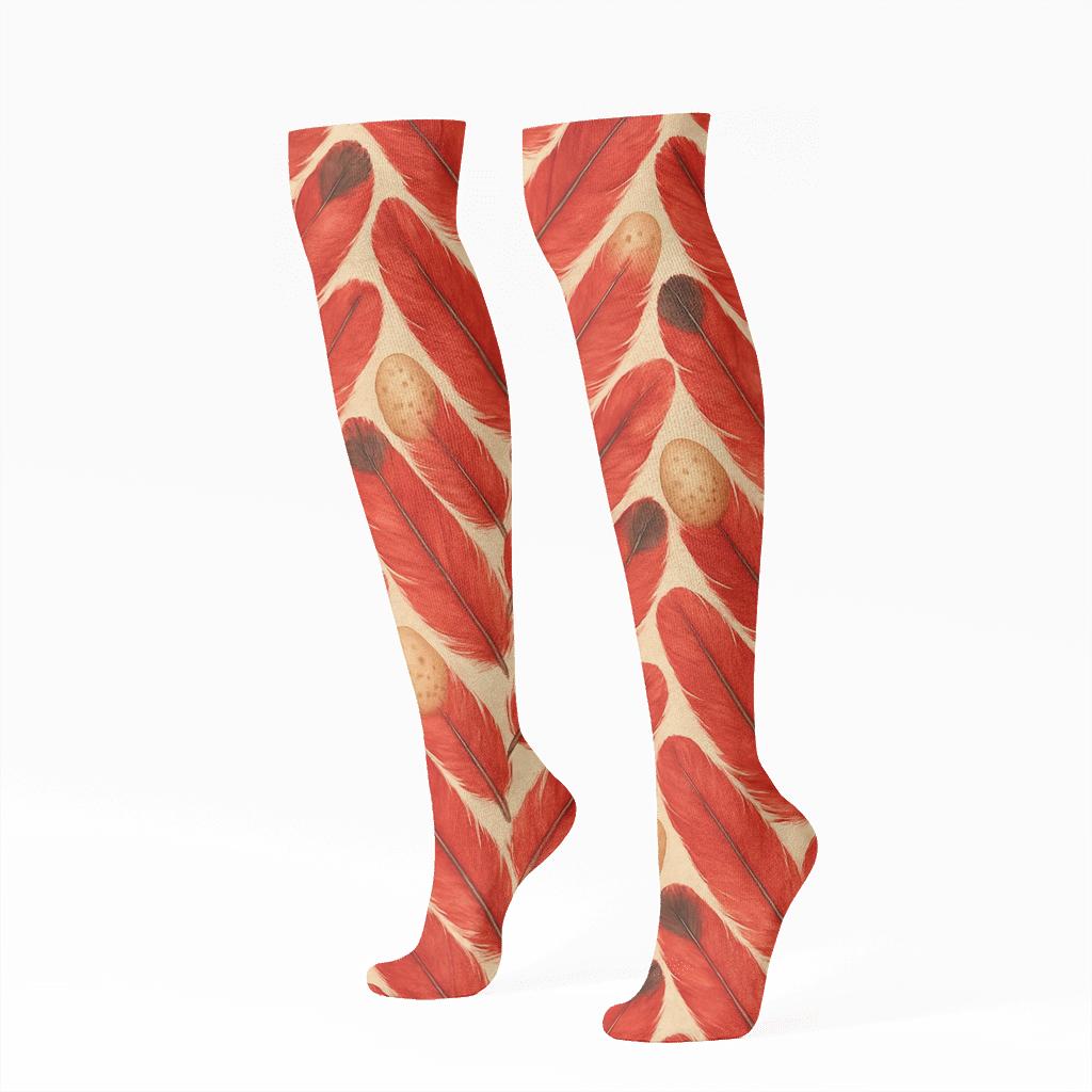 Cardinal Feather Herringbone On Warm Ivory Background designer print knee-high socks