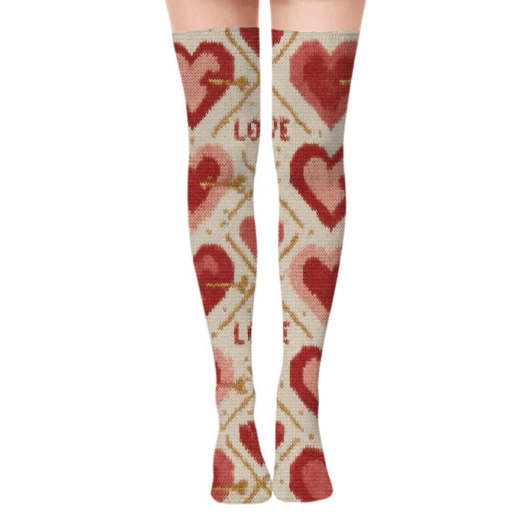 Knitted Valentines Heart With Arrow Tapestry Repeat comfortable cotton over-the-knee socks