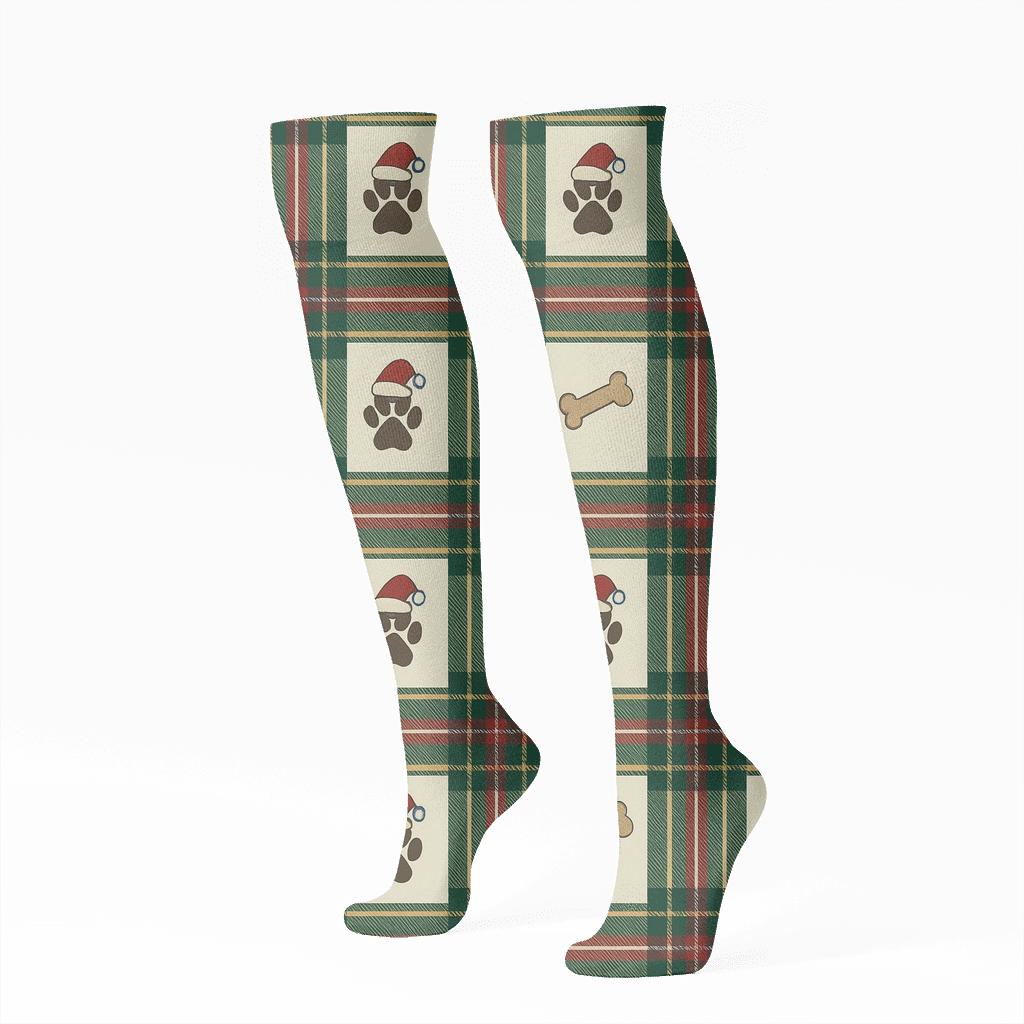 Holiday Pets Tartan With Xmas Paw Prints unique graphic knee-high socks