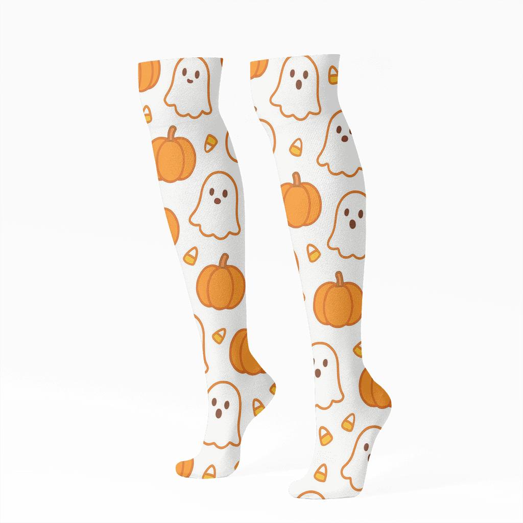 Ghost And Pumpkin Polka Tile On White Background soft everyday knee-high socks