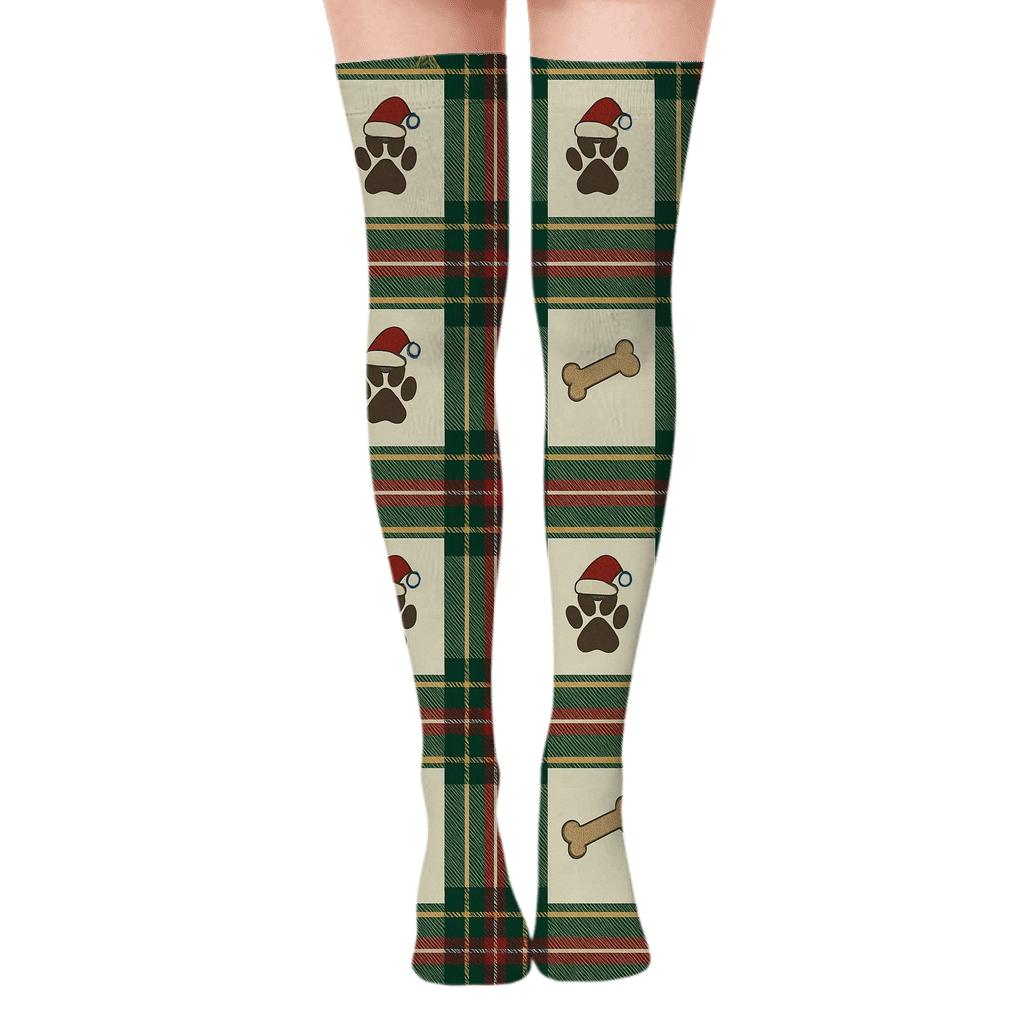 Holiday Pets Tartan With Xmas Paw Prints personalized over-the-knee socks