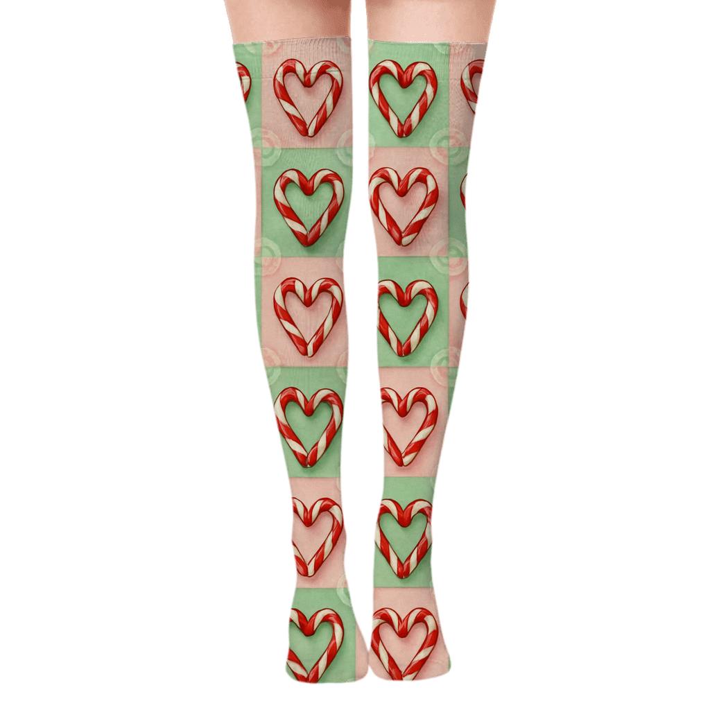 Candy Cane Hearts In Candy Canes Mosaic Tiles designer print over-the-knee socks