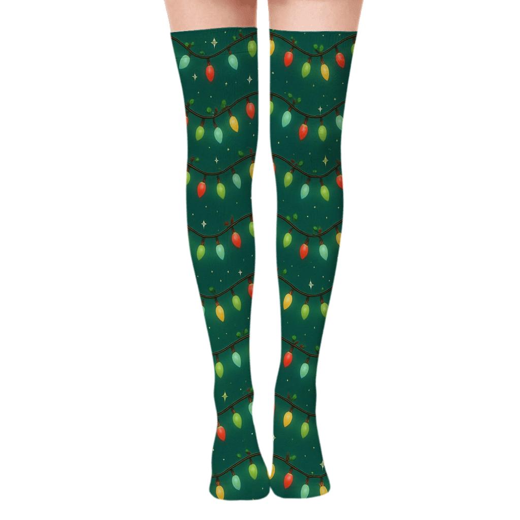Christmas Lights Wave Over Teal Field personalized over-the-knee socks