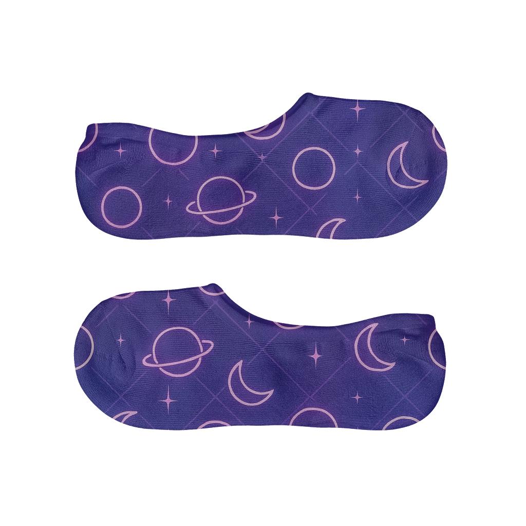 Neon Constellation Grid With Minimal Planets On Cosmic Purple Gradient breathable seamless no-show sockscustom no-show socks