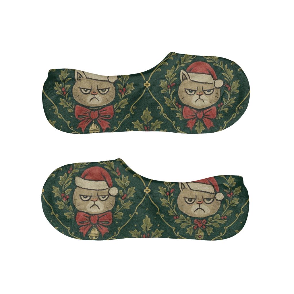 Holly Bow Grumpy Cat Damask On Deep Pine Background personalized no-show socks