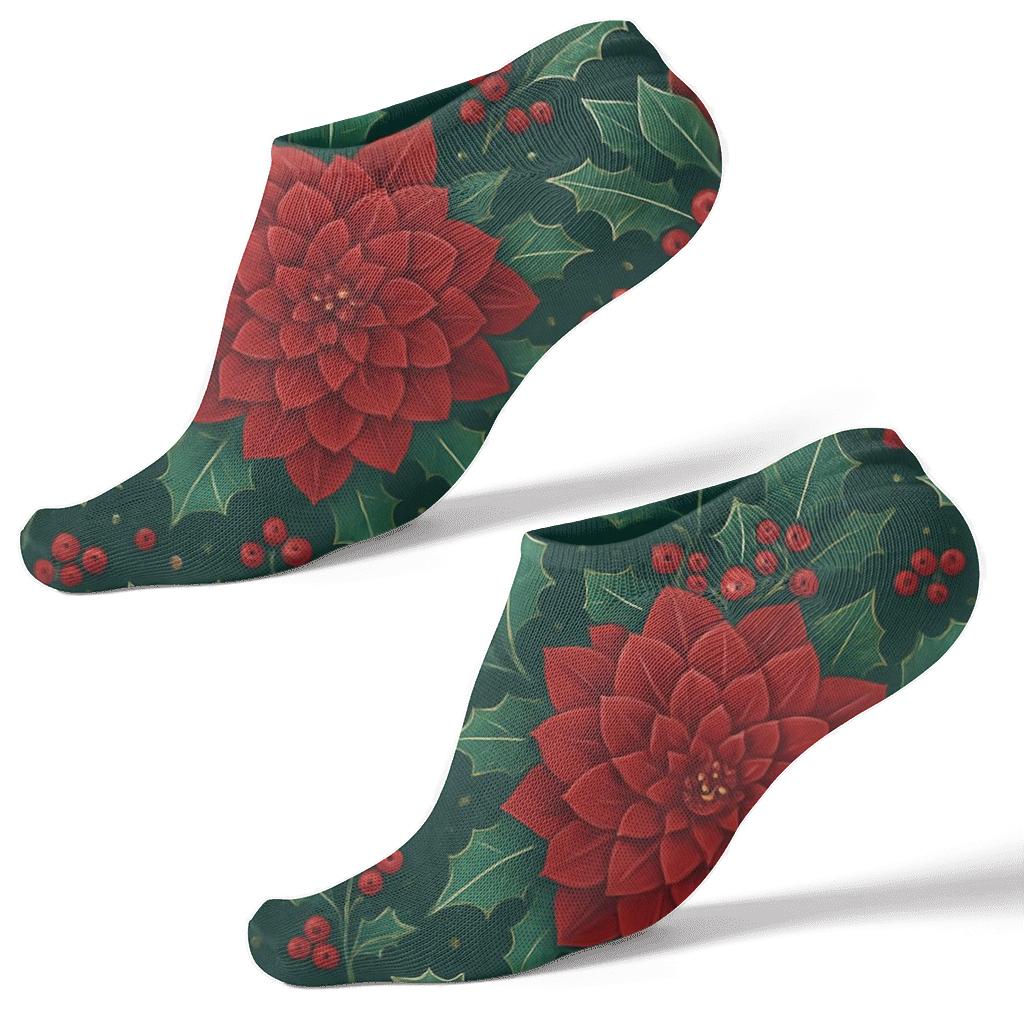 Holly Peony Lattice On Midnight Green Background designer print ankle socks