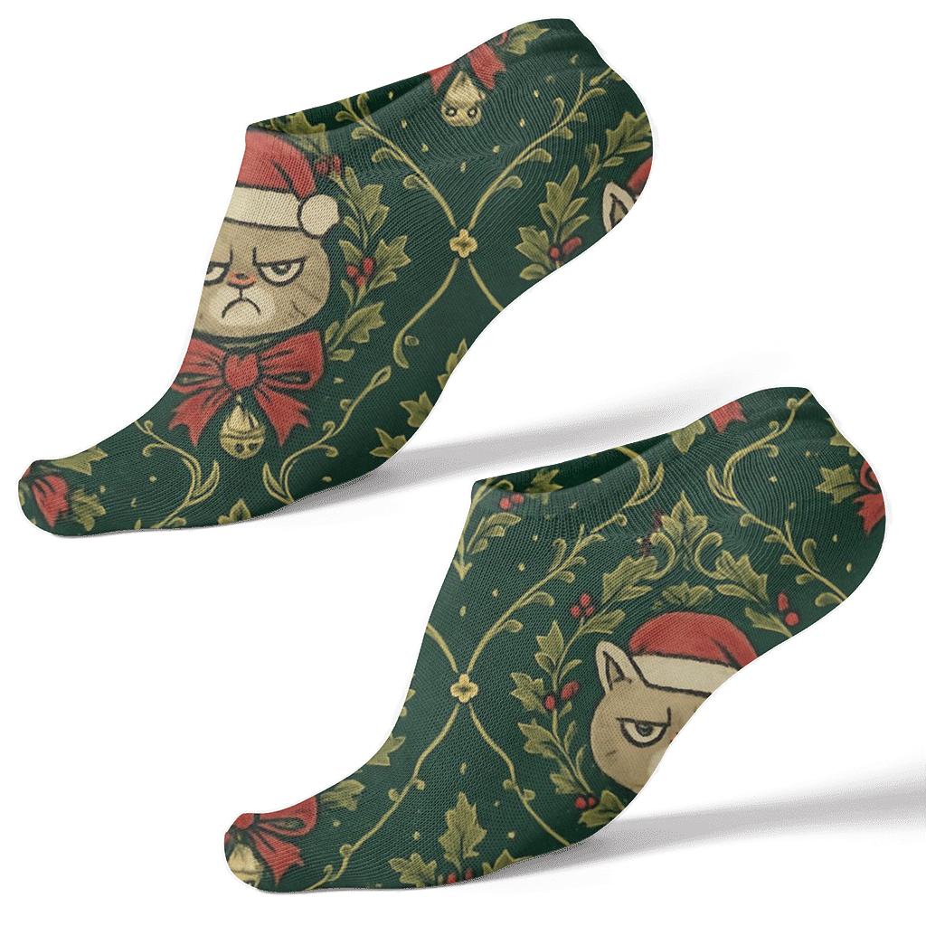 Holly Bow Grumpy Cat Damask On Deep Pine Background unique graphic ankle socks