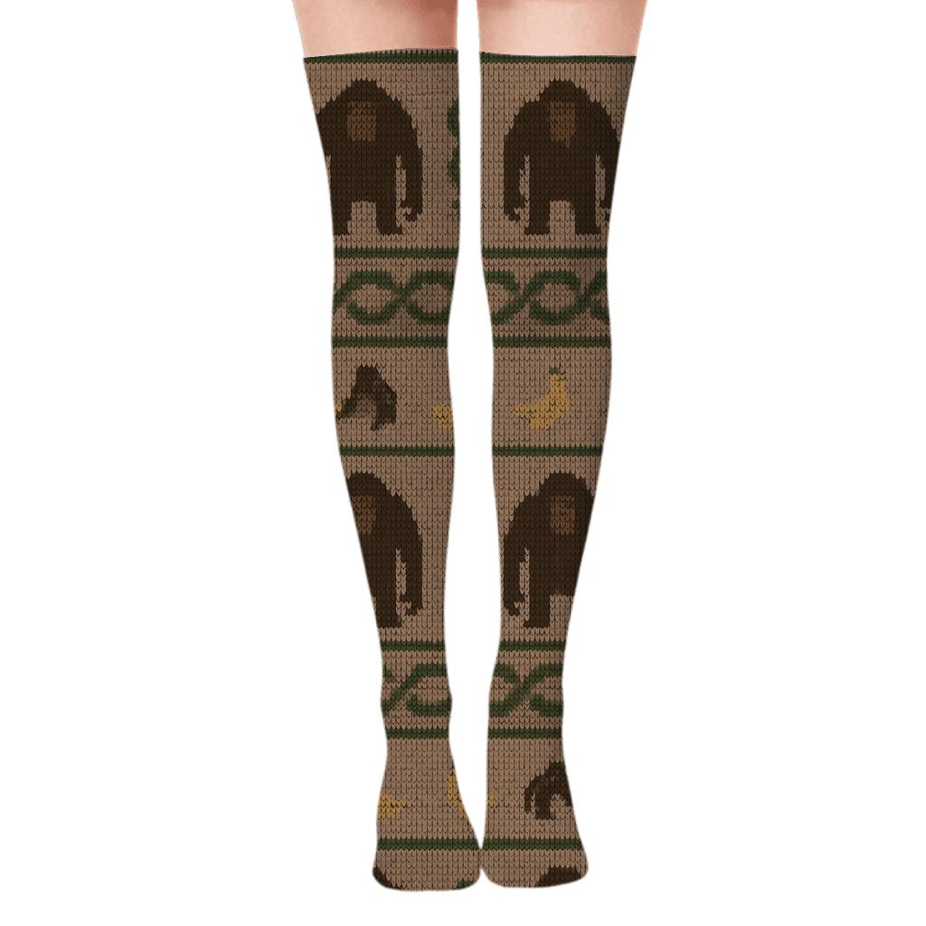 Knitted Illusion Jungle Bands With Ape premium cozy over-the-knee socks