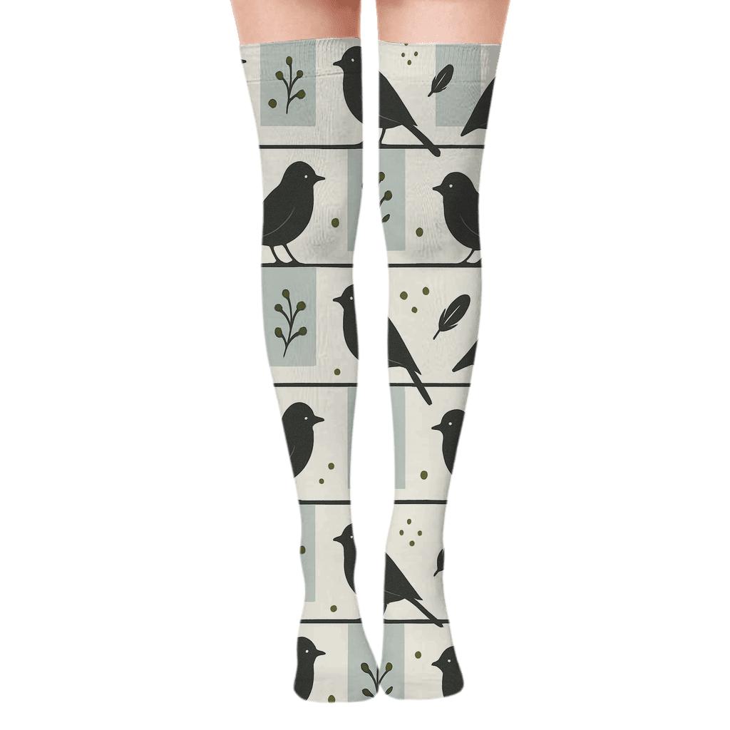Minimal Branch Grid With Bird Accents trendy patterned over-the-knee socks