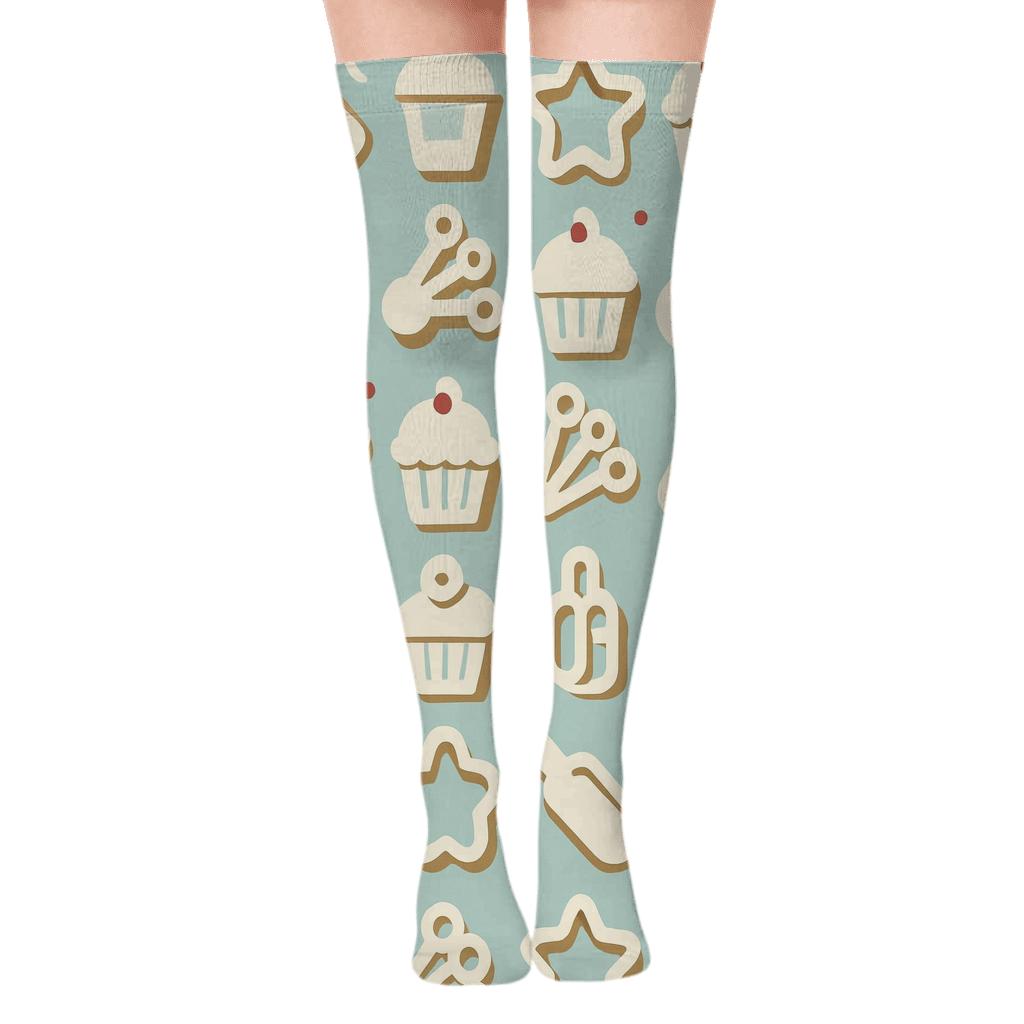 Pastel Bakery Grid With Baker Tools stylish fashion over-the-knee socks