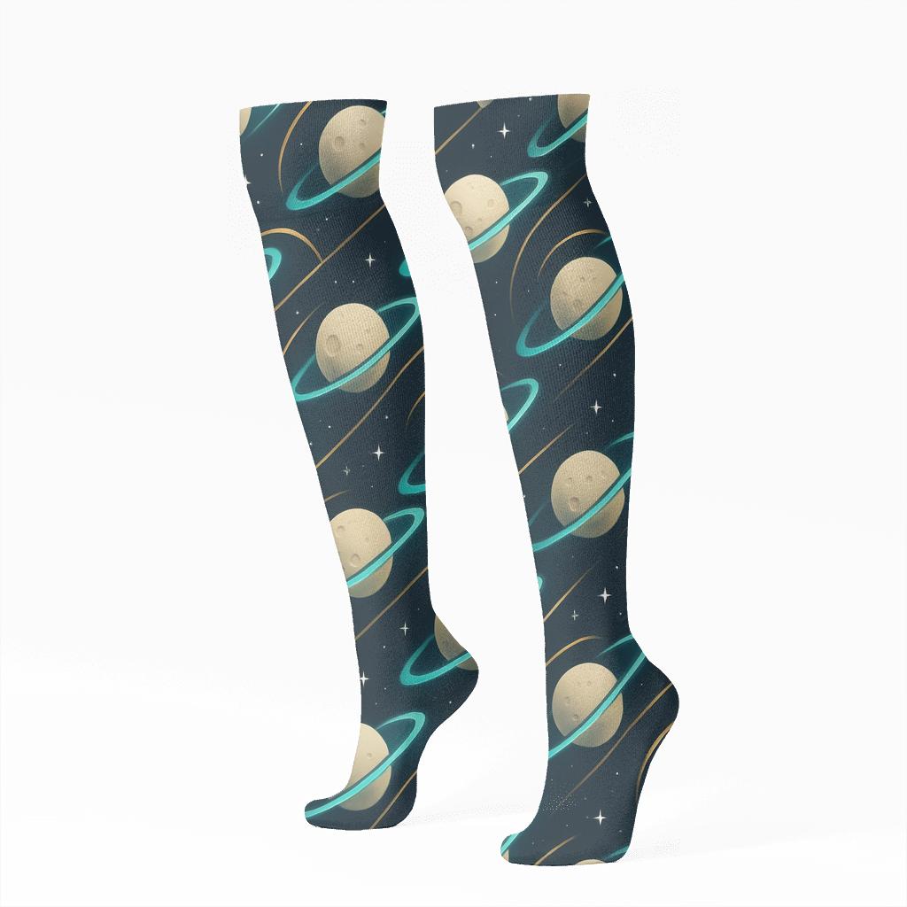 Ionized Teal Orbital Bands On Deep Navy Background soft everyday knee-high socks
