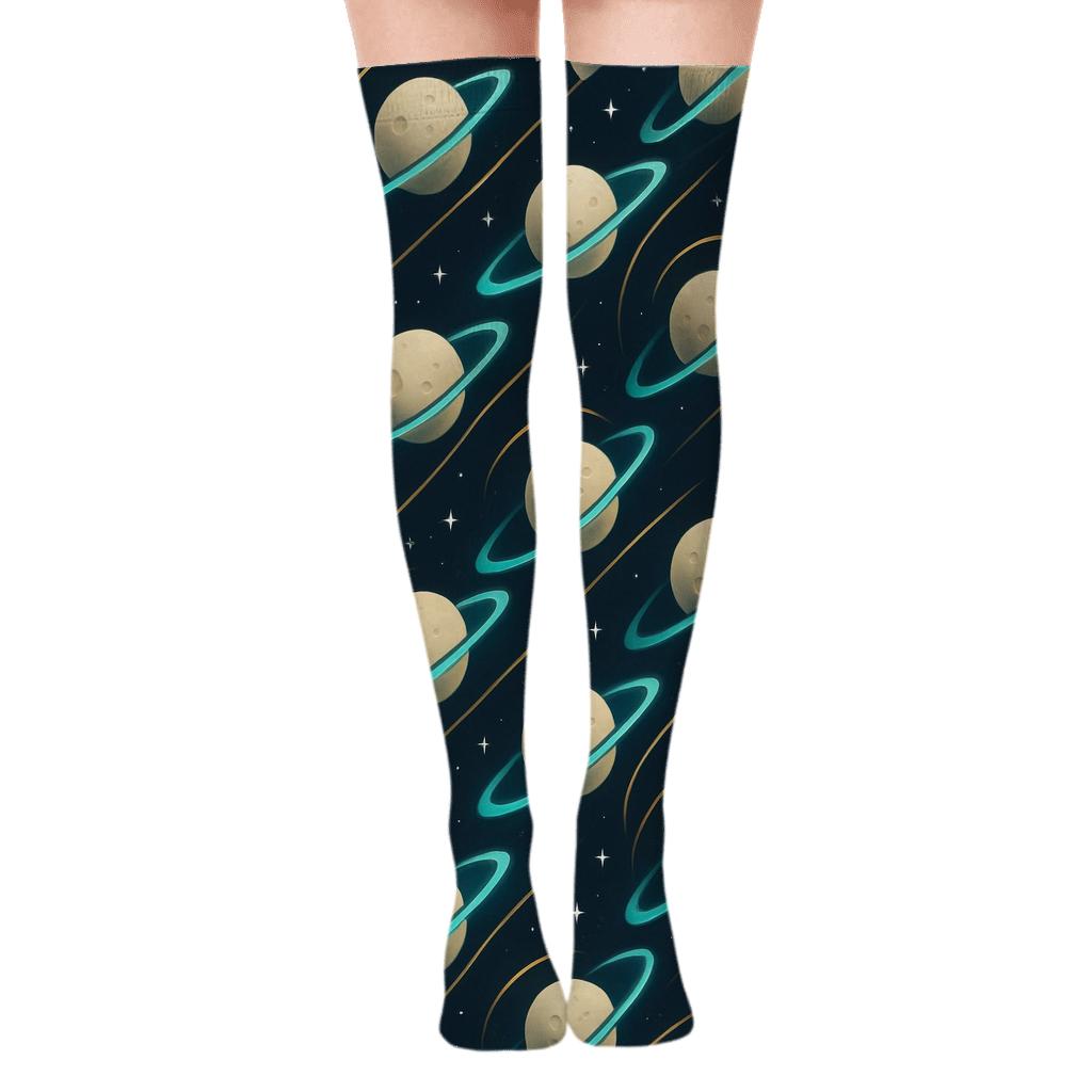 Ionized Teal Orbital Bands On Deep Navy Background custom over-the-knee socks