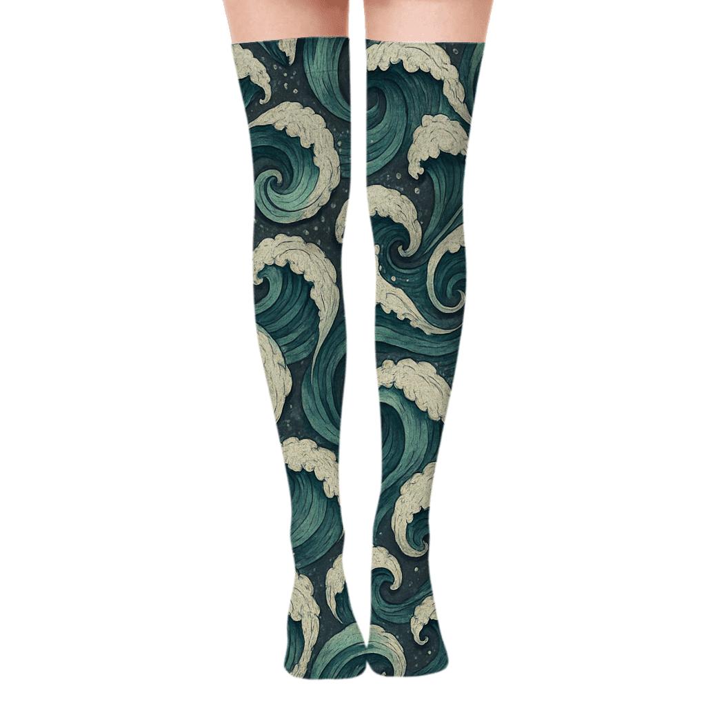 Storm Swell Spiral Tiles On Charcoal Sea Background unique graphic over-the-knee socks