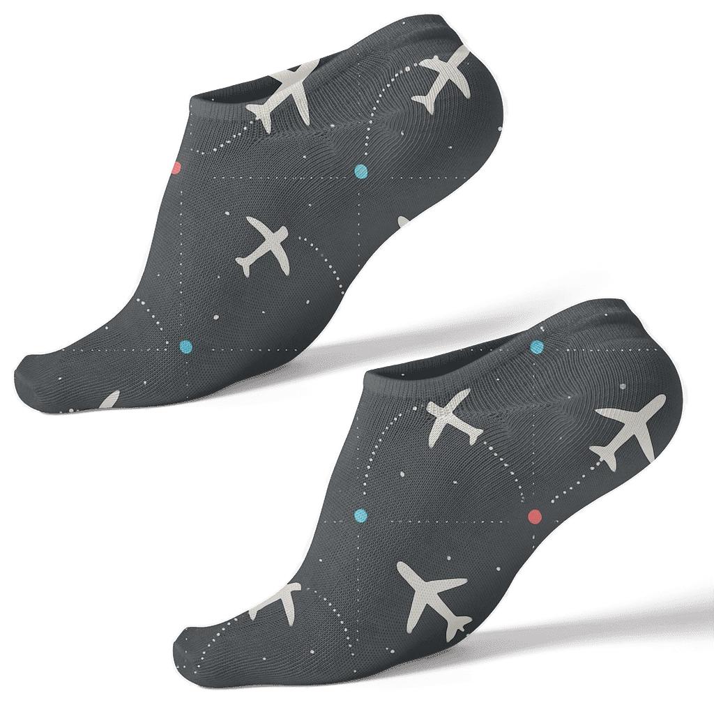 Minimal Grid With Airplane Silhouette And Flight Path Dots soft everyday ankle socks