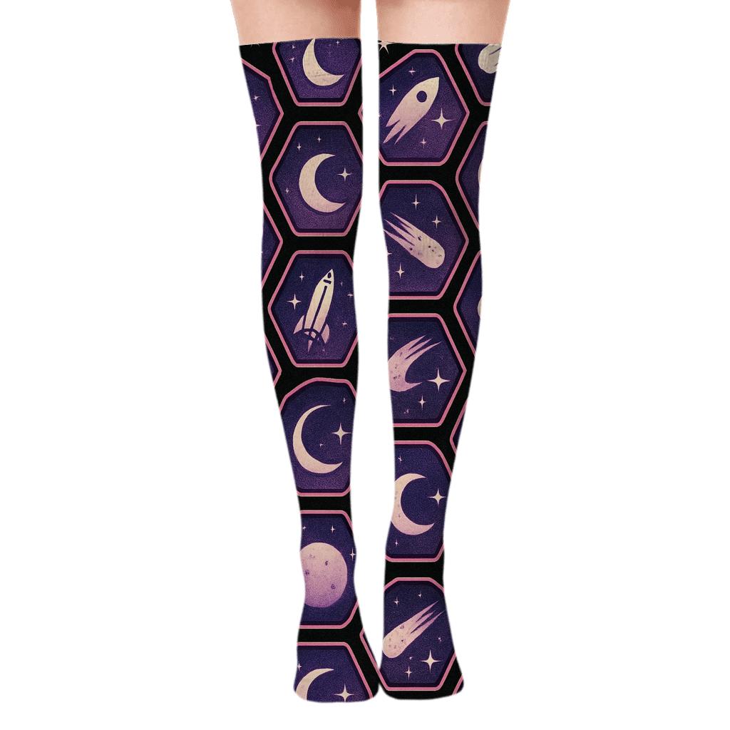Cosmic Purple Retro Mission Patch Tessellation On Black Background unique graphic over-the-knee socks