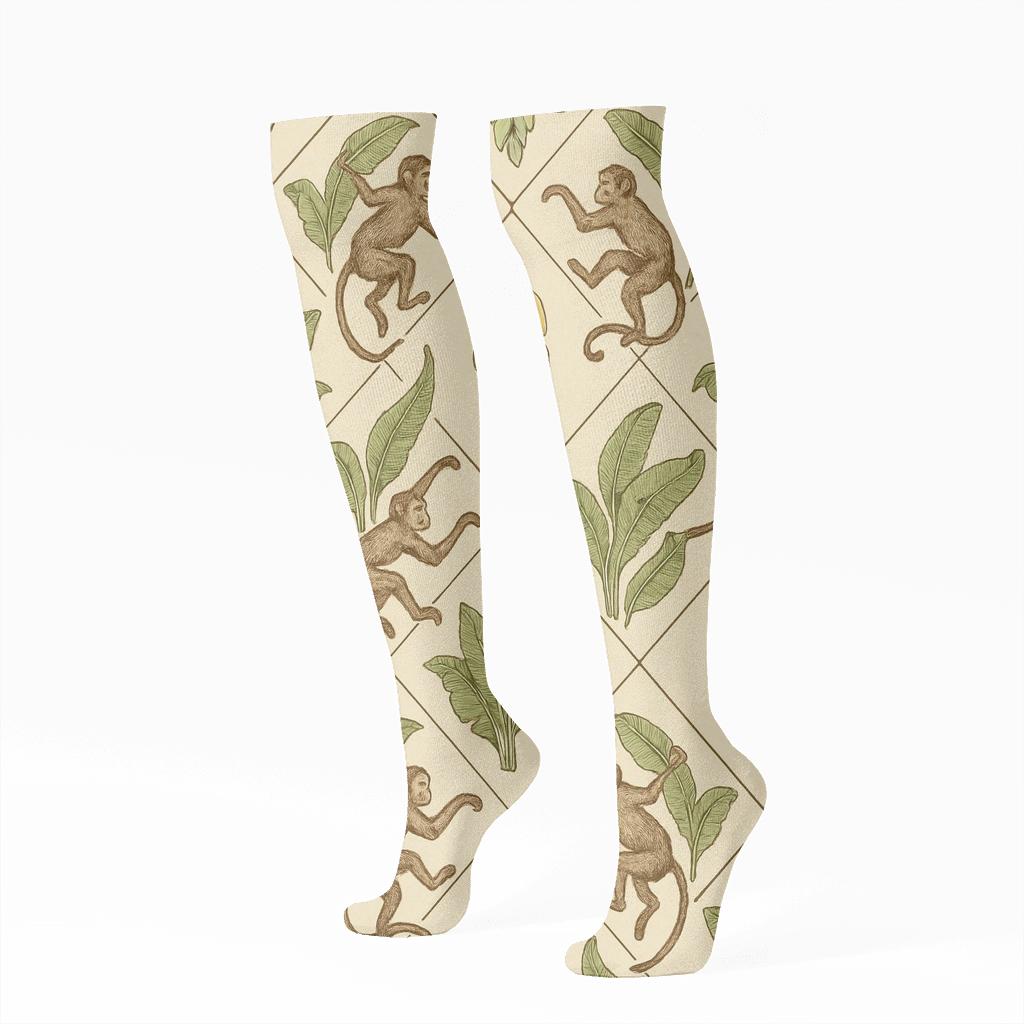 Vintage Naturalist Tiles, Playful Monkey Study comfortable cotton knee-high socks