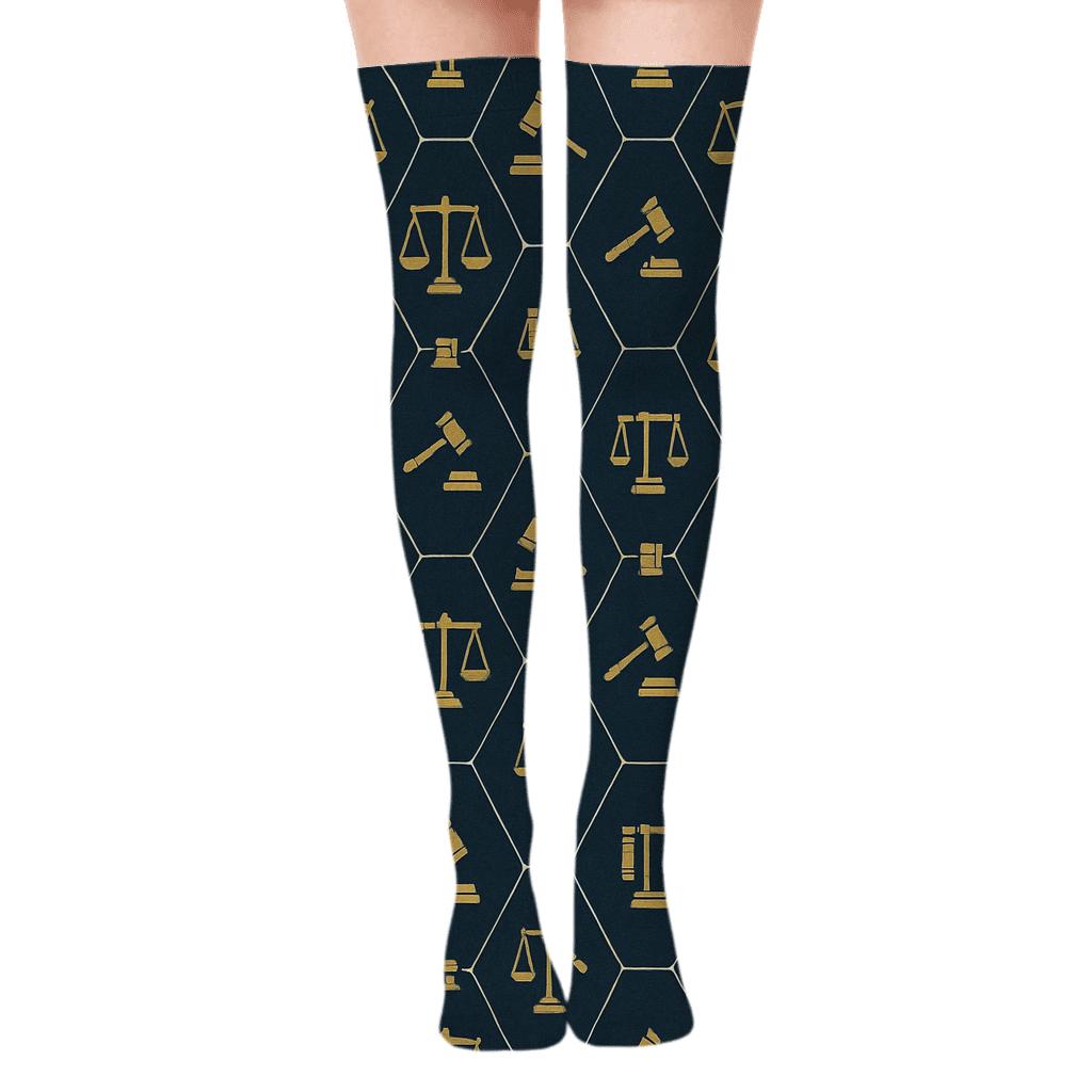 Lawyer Scales Lattice In Gold And Navy custom over-the-knee socks