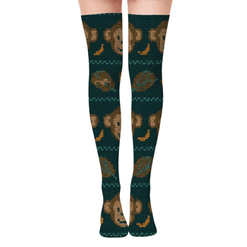 Jungle Knit Illusion With Monkey Motif Bands premium cozy over-the-knee socks