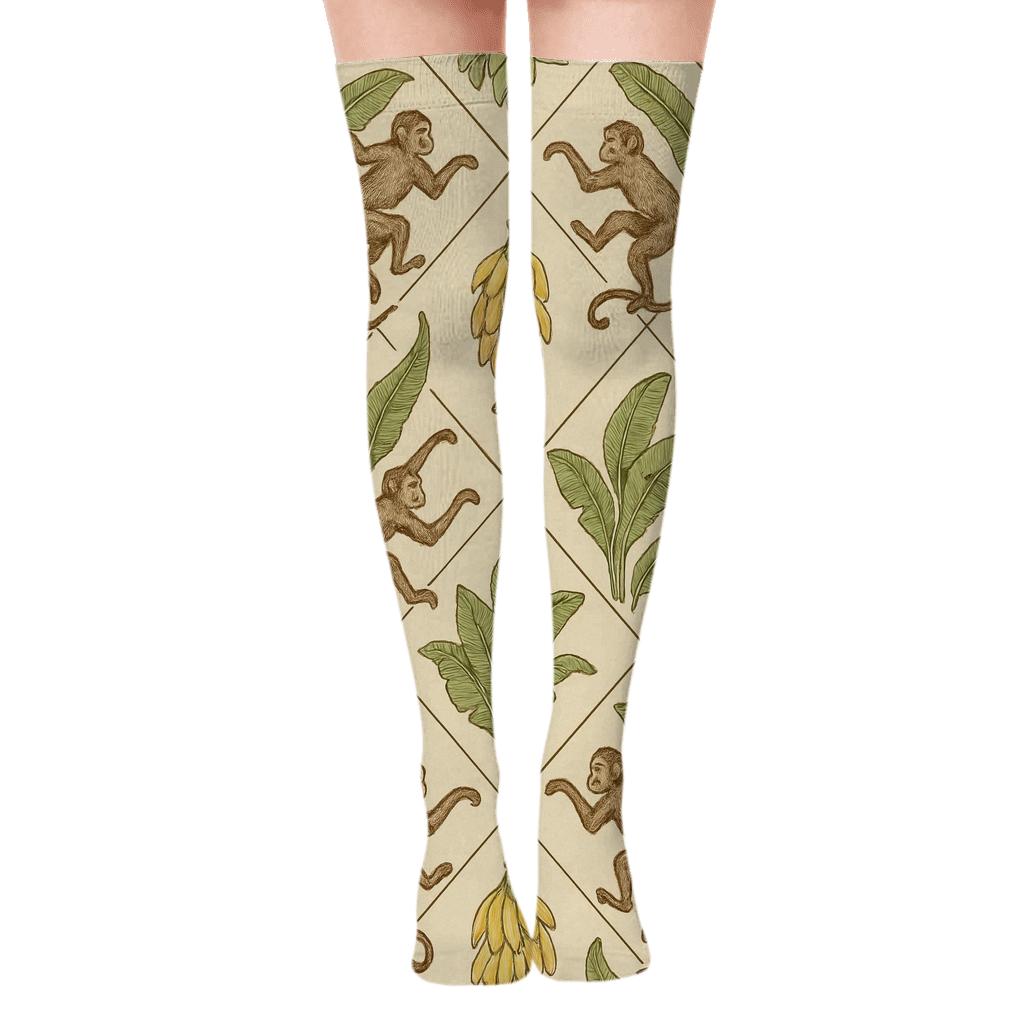 Vintage Naturalist Tiles, Playful Monkey Study premium cozy over-the-knee socks