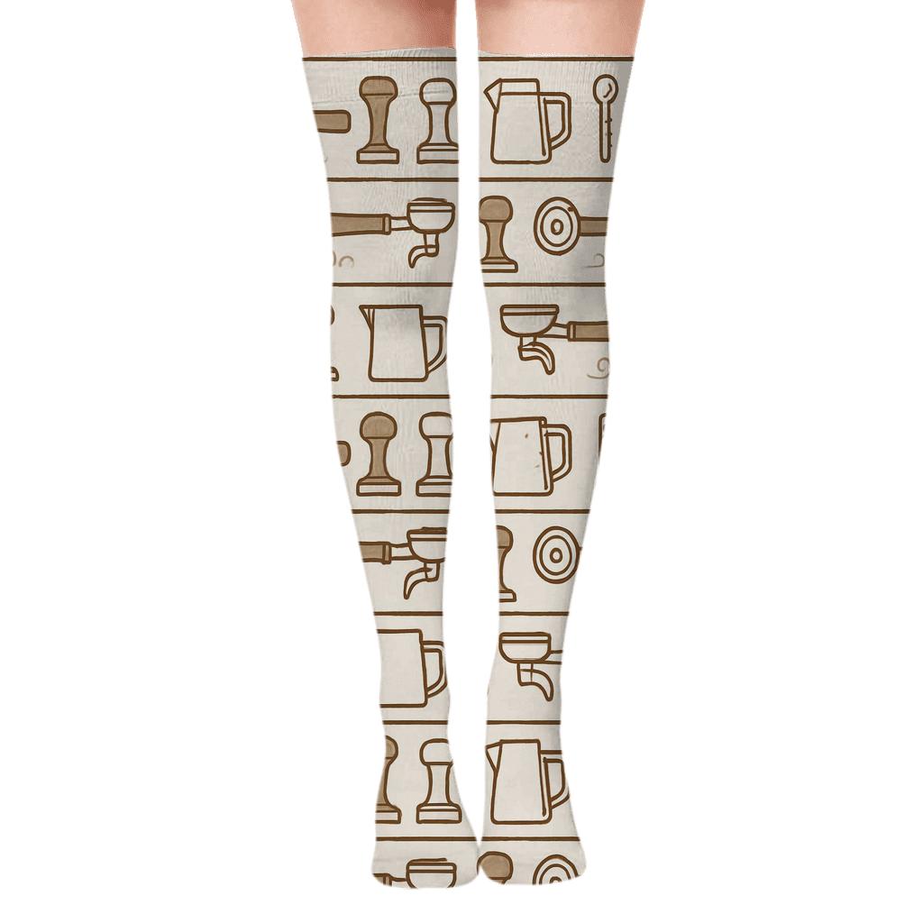 Coffeehouse Blueprint With Barista Tool Bands trendy patterned over-the-knee socks