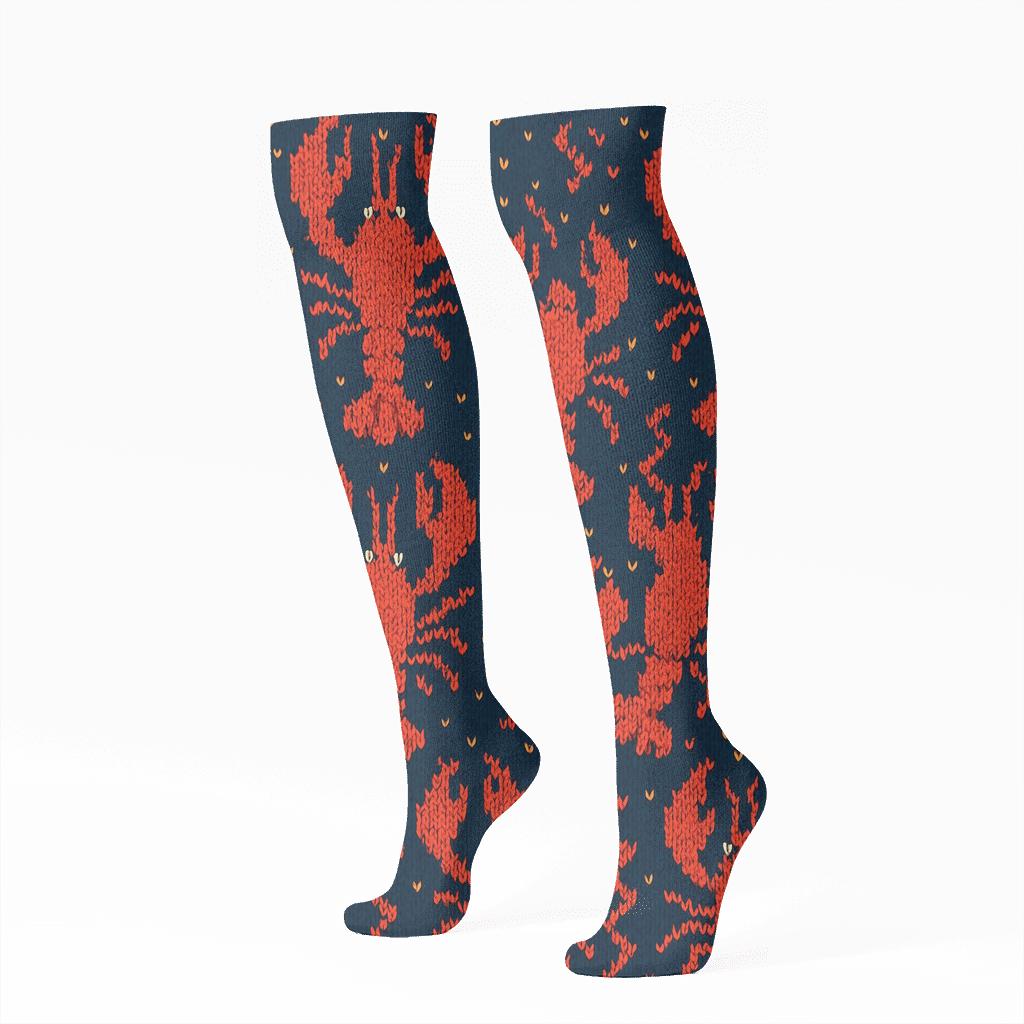 Lobster Knitted Grid Illusion designer print knee-high socks