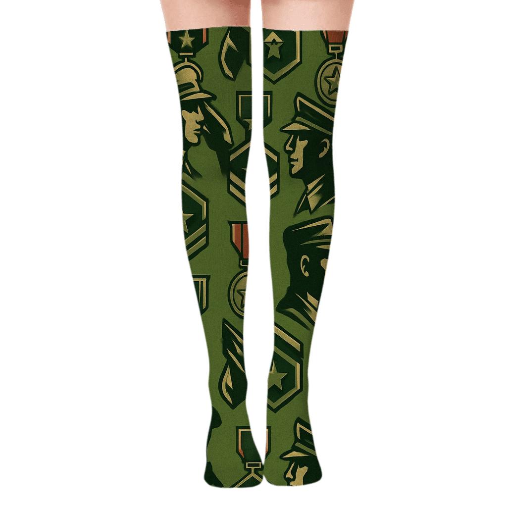Soldier Insignia Tessellation On Army Green Field stylish fashion over-the-knee socks