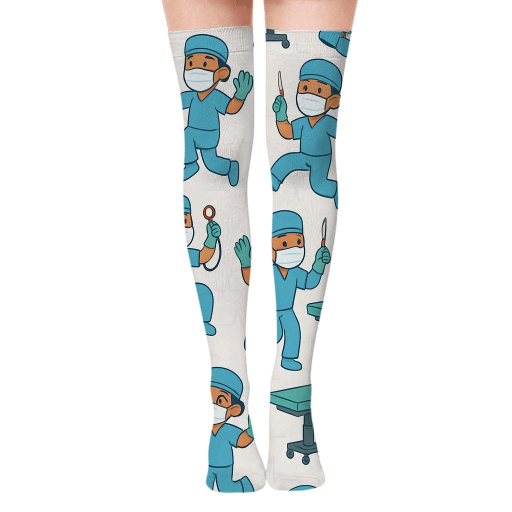 Operating Room Party Pattern With Surgeon Characters trendy patterned over-the-knee socks