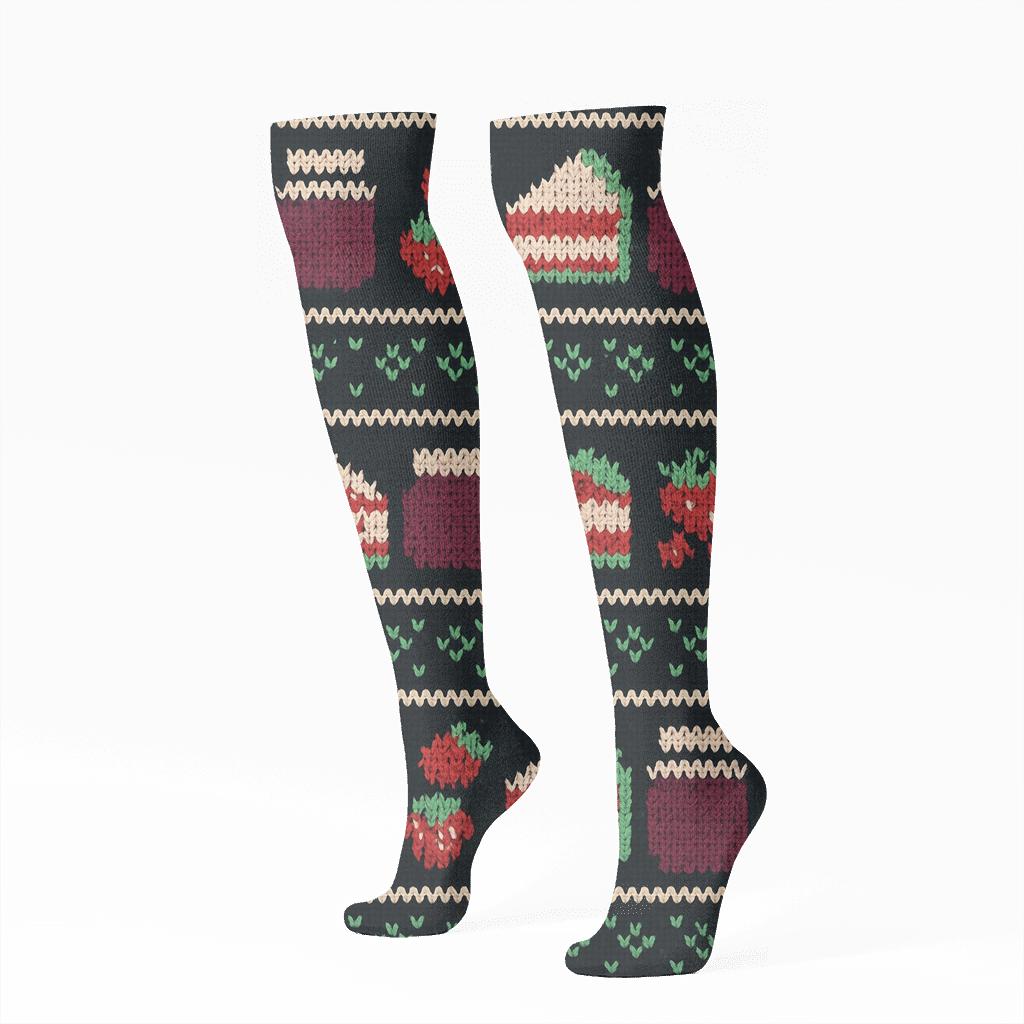 Knitted Strawberry Jam Jar Fair Isle On Midnight Black trendy patterned knee-high socks