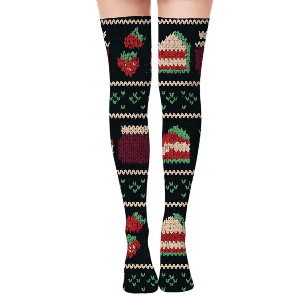Knitted Strawberry Jam Jar Fair Isle On Midnight Black stylish fashion over-the-knee socks