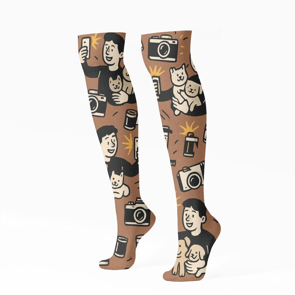 Photographer Pet Selfie Parade On Warm Brown soft everyday knee-high socks
