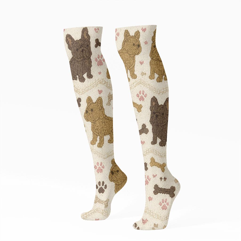 Knitted Brindle Bulldog Cable Chevron personalized knee-high socks
