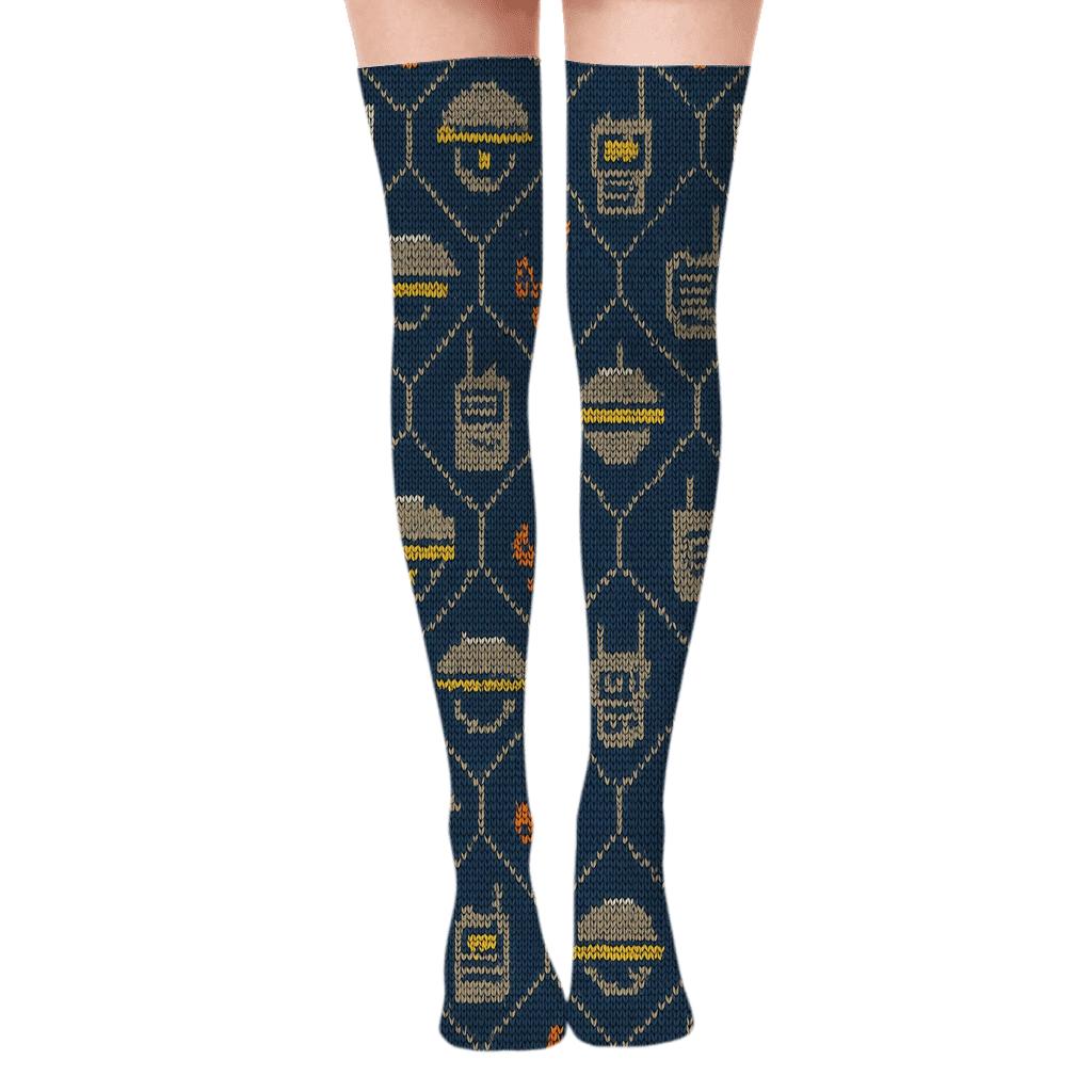 Security Guard Badge And Camera Lattice designer print over-the-knee socks