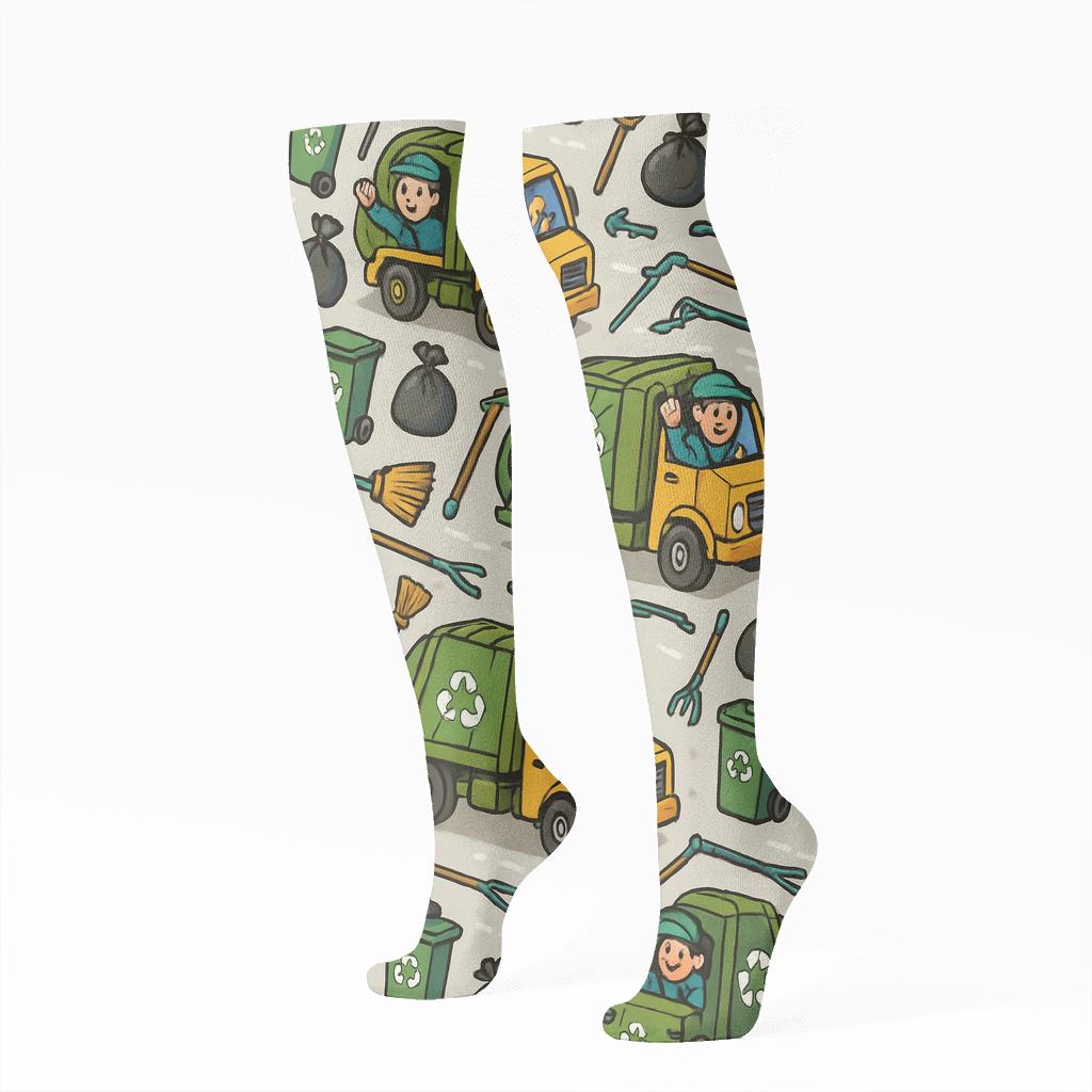 City Cleanup Carnival With Garbage Collector Icons custom knee-high socks