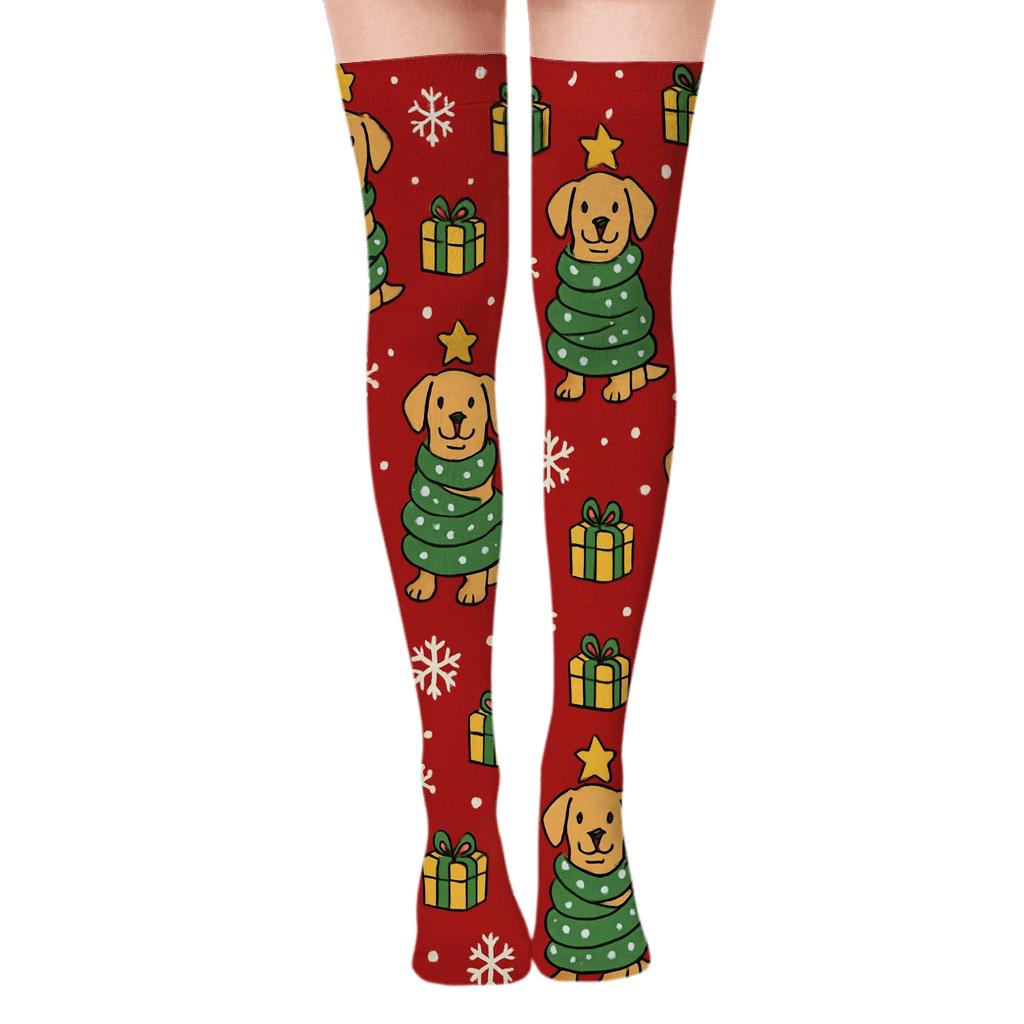 Dog Christmas Tree Wrap Repeat On Red Background unique graphic over-the-knee socks