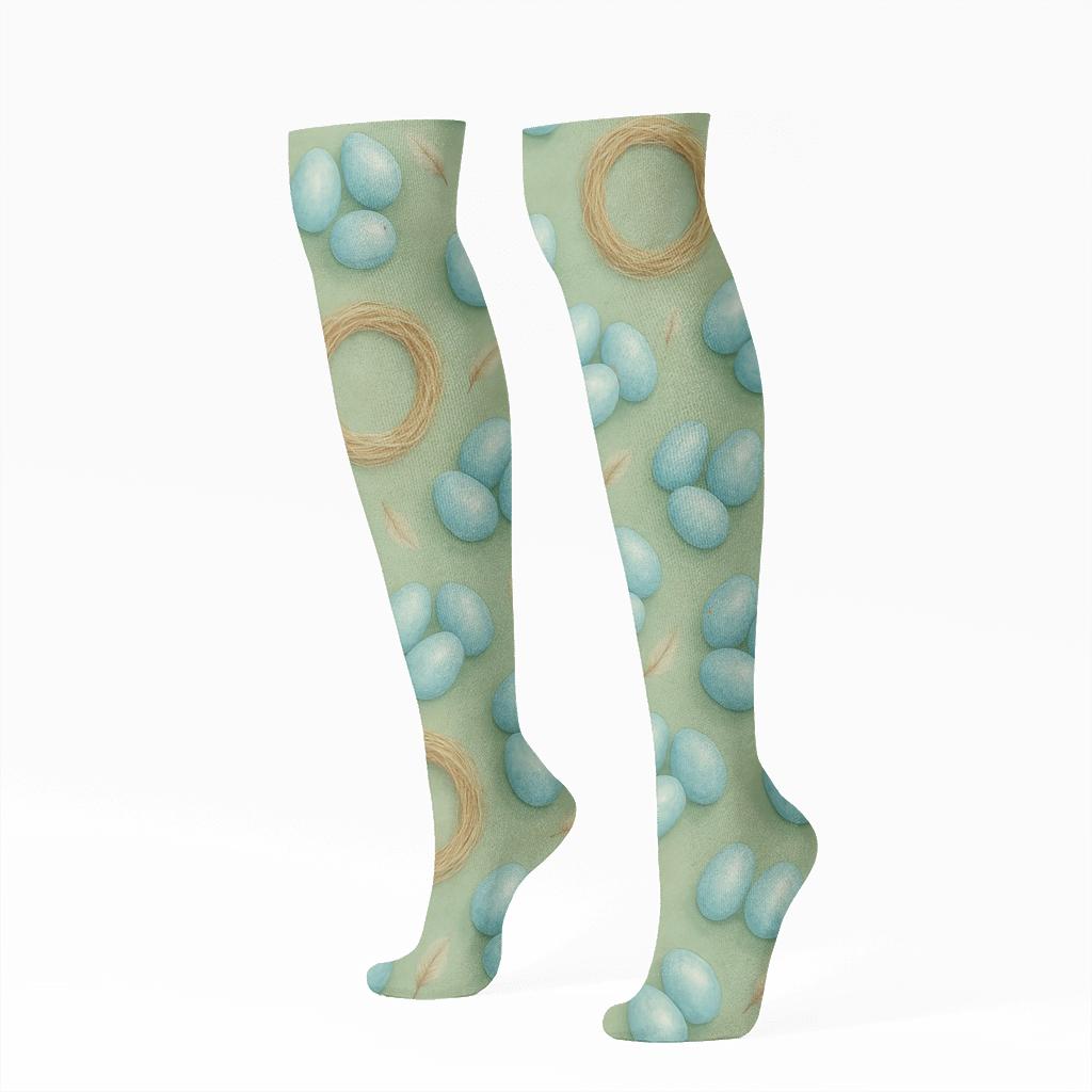 Robin Egg Scatter And Nest Ring Repeat On Soft Sage Green Background soft everyday knee-high socks