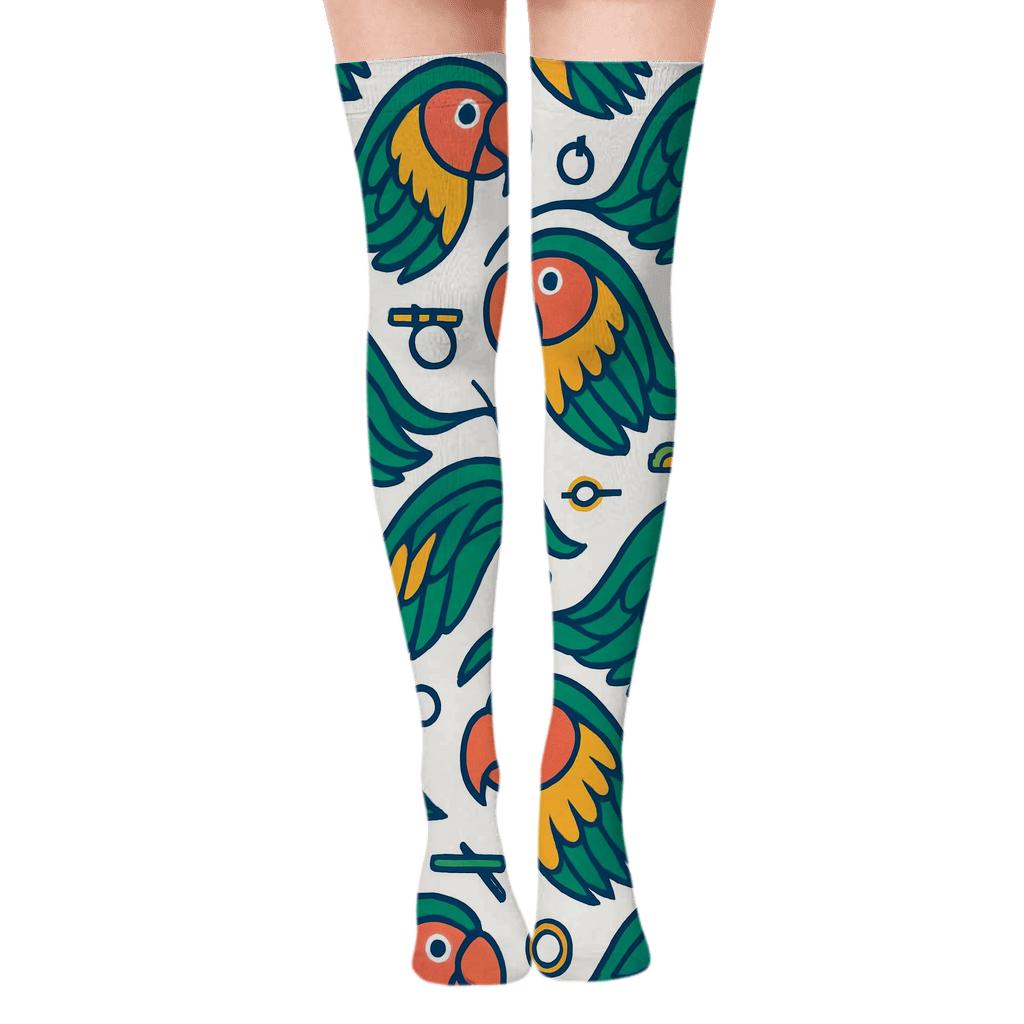 Parrot Beak And Leaf Wave Repeat On Bright White Background custom over-the-knee socks