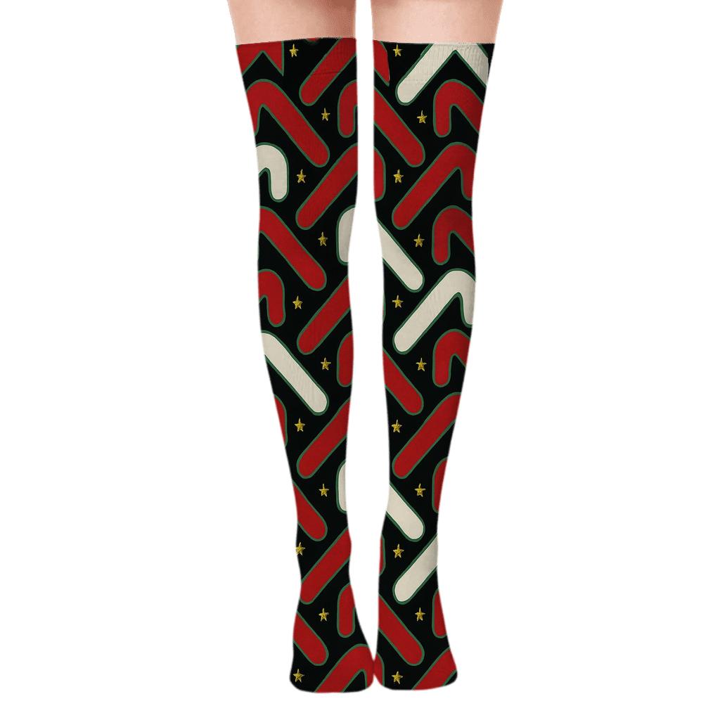 Candy Canes Chevron Hooks On Black Background premium cozy over-the-knee socks