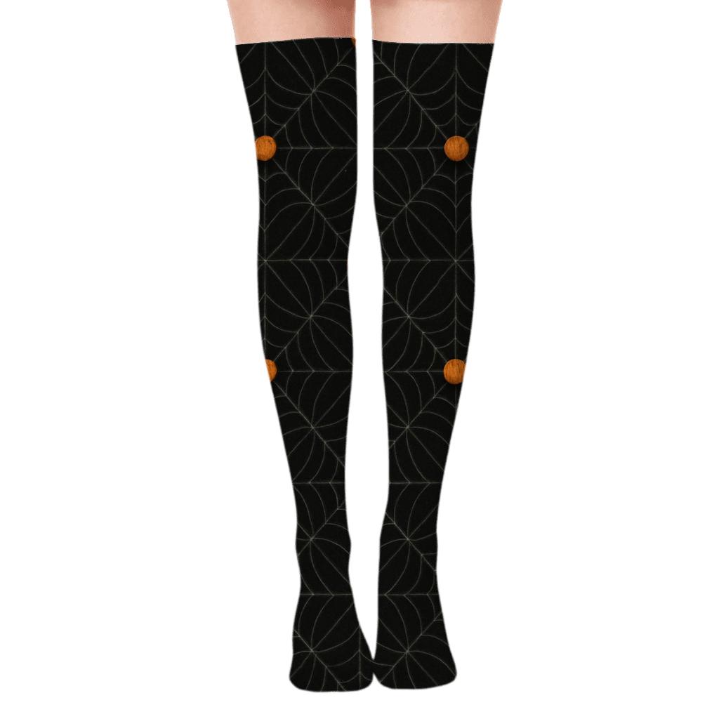 Spider Web Overlay With Orange Pumpkin Nodes On Black Background premium cozy over-the-knee socks