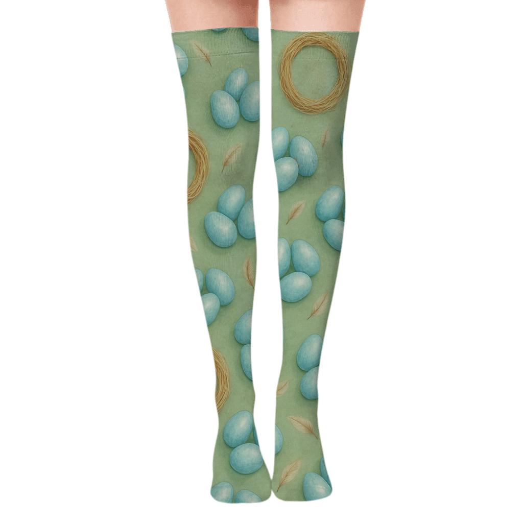 Robin Egg Scatter And Nest Ring Repeat On Soft Sage Green Background trendy patterned over-the-knee socks
