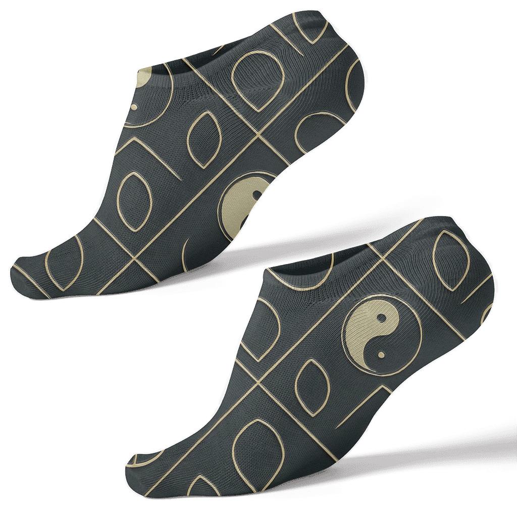 Gold Inlay Taijitu Lattice On Charcoal Satin premium sports ankle socks