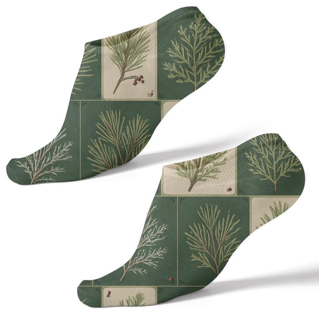Botanical Grid With Evergreen Branches Sprigs designer print ankle socks
