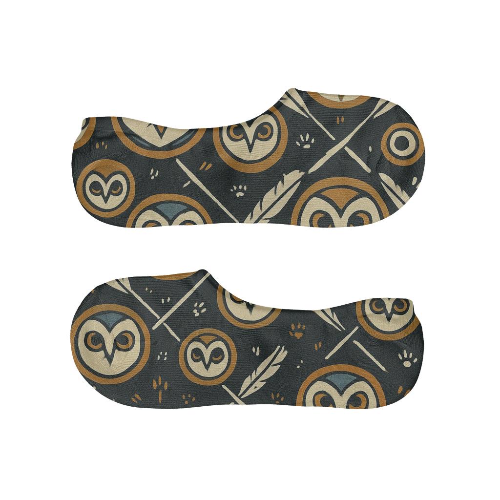 Owl Feather Lattice on Charcoal Black Background No Show Socks