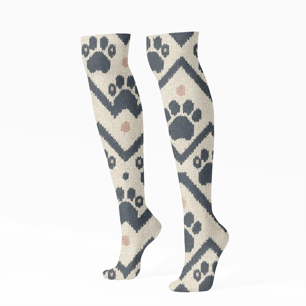 Knitted Illusion Cat Paw Chevron stylish athletic knee-high socks