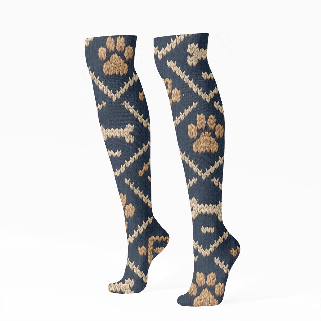 Knitted Illusion Dog Paw Chevron Blanket Print unique graphic knee-high socks