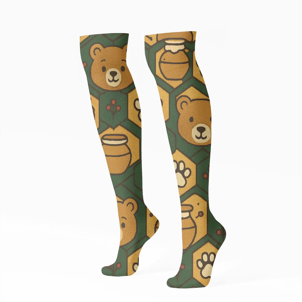 Honeycomb Lattice With Bear Motifs soft everyday knee-high socks