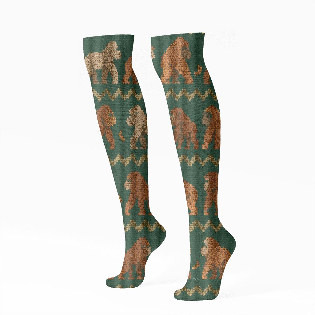 Knitted Ape Chevron On Jungle Green Background designer print knee-high socks