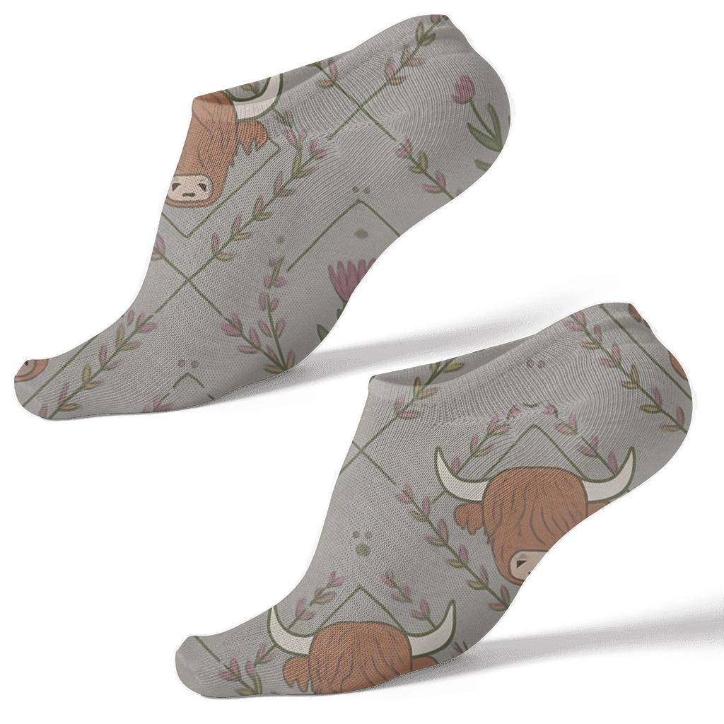 Heather Lattice Textures With Highland Cow Cameos soft everyday ankle socks