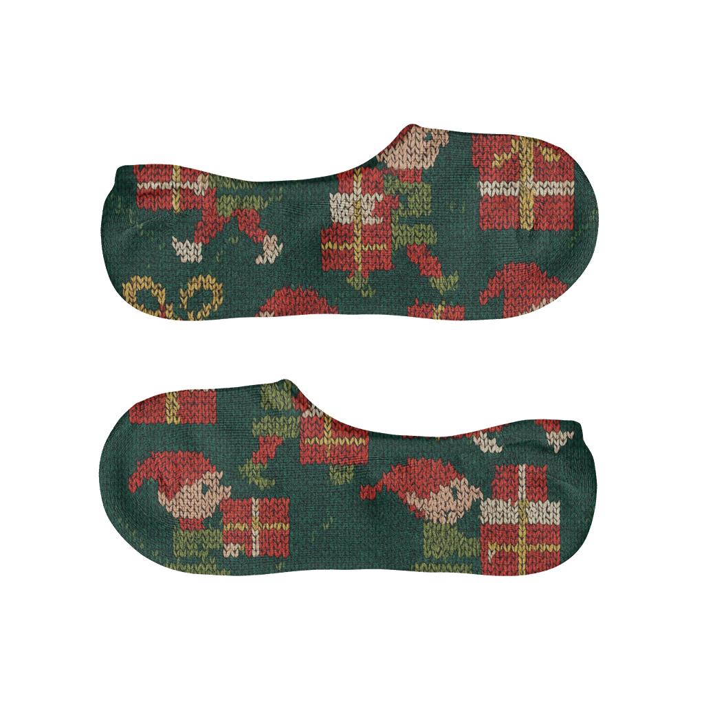 Elves With Holiday Gift Stack Tessellation On Green breathable no-show socks